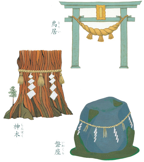 精麻より紐、より縄の用途例（鳥居、ご神木、磐座に）